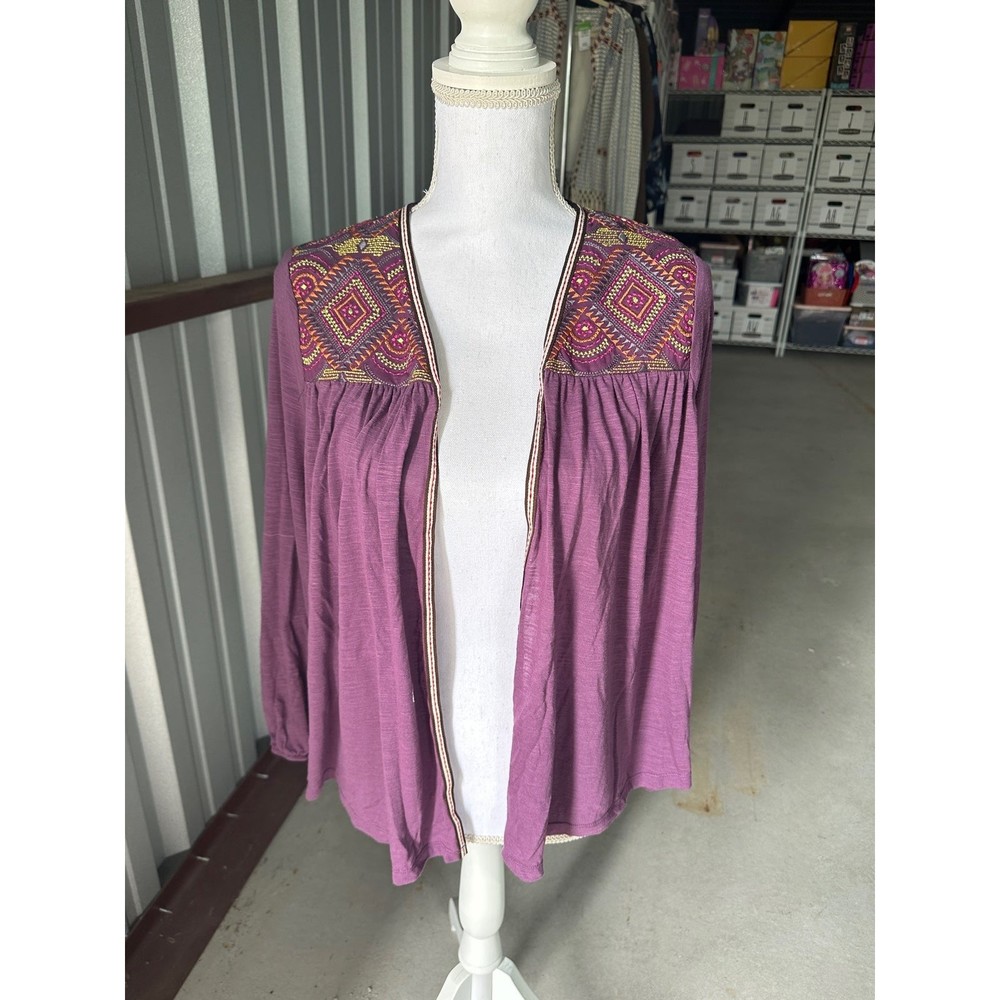 Ezra Open Cardigan Embroidered Plum L NWT